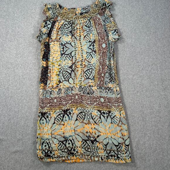 Angie Flutter Sleeve Shift Dress Women's Large Blue Gold Brown Studded Short - Picture 1 of 9